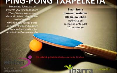 Ping-pong txapelketa antolatu dute urriaren 25etik abenduaren 20ra bitartean jokatzeko