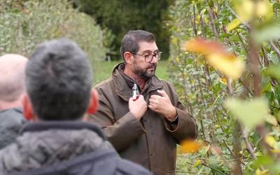 Yves Barranco adituaren eskutik fruitu-arbolen inausketa teknika berriak aztertu zituzten Oiharten