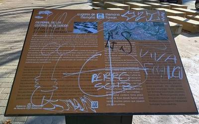 Iruñeko atxilotze zentroei buruzko memoria-plakan mezu faxistak idatzi dituzte