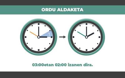 Igande goizaldean ordua aldatu behar da: 03:00etatik 02:00etara gibelatu